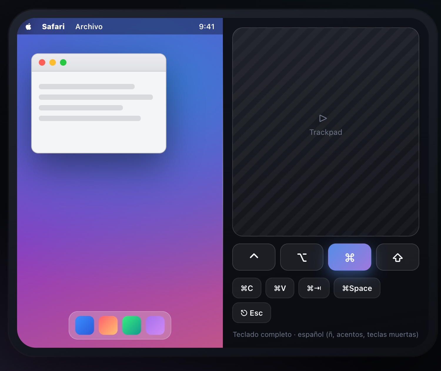 Unfolded Duo split: Mac desktop on one half, large trackpad and modifier keys on the other